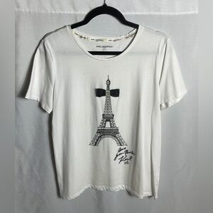 Karl Lagerfeld Paris Eiffel Tower Tee Pearl Bow White Stretch Shirt M